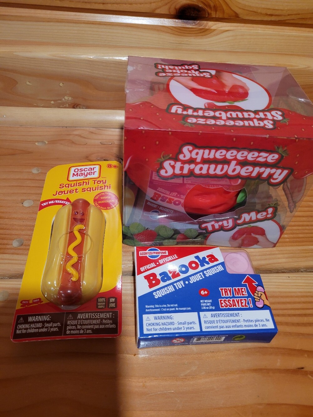 Viral Squishy Set- Squeeze Strawberry, Bazooka Bubble Gum, Oscar Meyer Hotdog